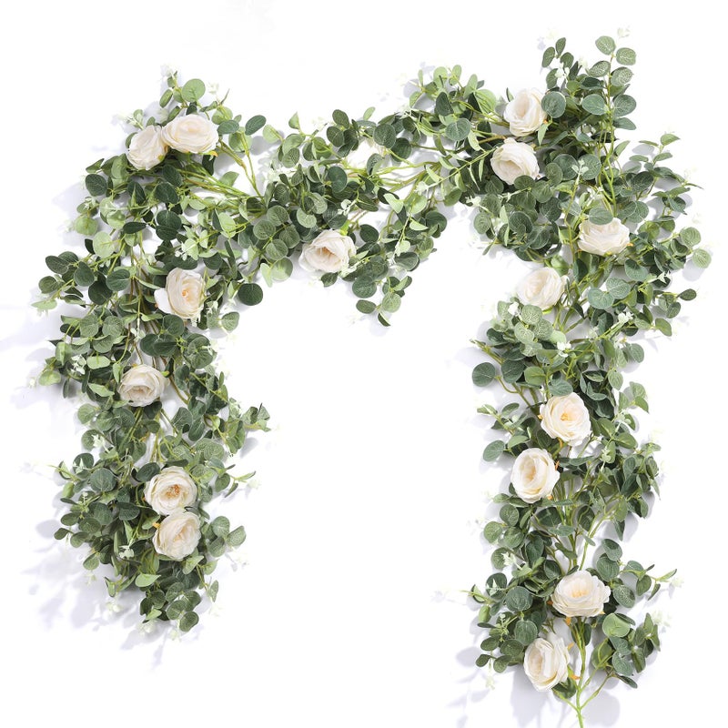 Der Rose دير روز 2 قطع 13 قدم إكليل زهور يوكاليبتوس الاصطناعي مع لبلاب زهور الورد المزيفة وأوراق يوكاليبتوس المزروعة إكليل خضار لتزيين طاولة الزفاف وخلفية الحفلات وزينة مركزية (أبيض) - Image 1